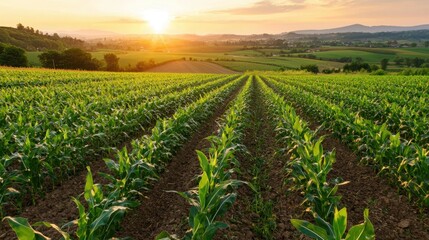 A field of corn is shown in the sun at dusk