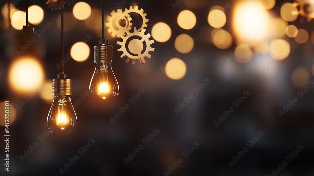 Poster industrial style light bulbs and gears for abstract decor and creative lighting in a modern setting 