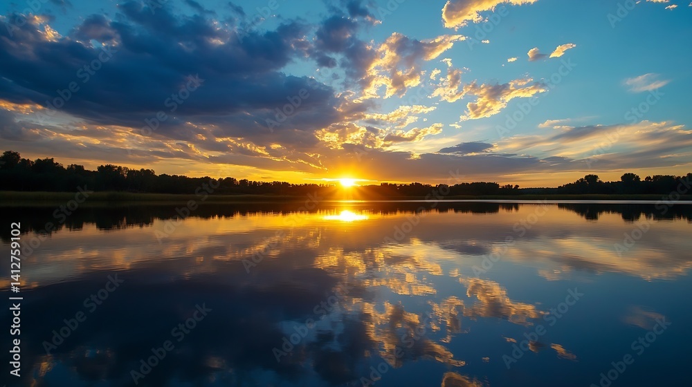 Poster stunning sunset reflected in a calm waterbody with clouds : generative ai