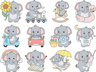 Fototapeta premium Cute Elephant vector icon. Funny baby Elephant animal series stock illustration. Life of fluffy Elephant designs.