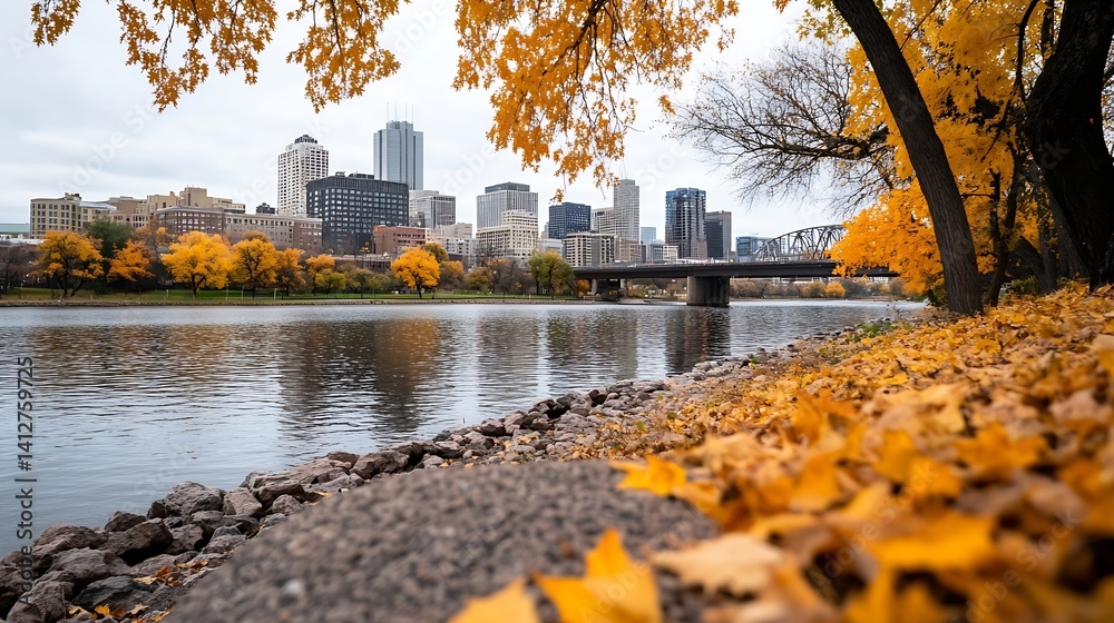 Poster autumn river view of city skyline surrounded by colorful trees and leaves : generative ai