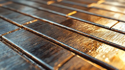 A close up of a wooden surface with a metallic sheen