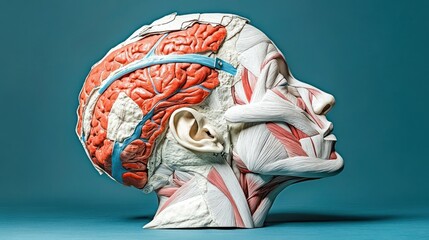 Anatomical model of head, brain, and facial muscles