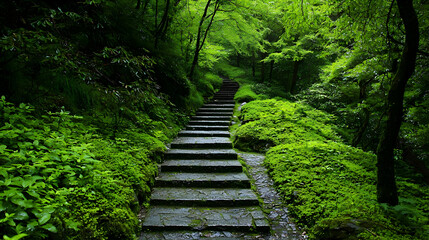 Obraz premium Forest Pathway With Stone Steps And Lush Green Vegetation