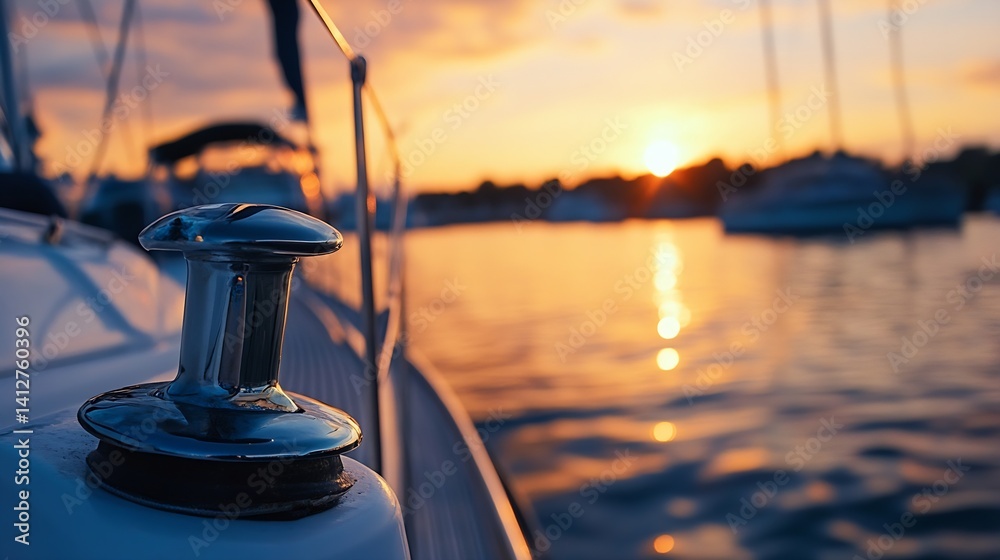 Poster Beautiful sunset view over the water with a boat in the foreground creating a serene atmosphere : Generative AI
