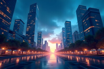 Obraz premium Modern business district with financial skyscrapers and bright lights