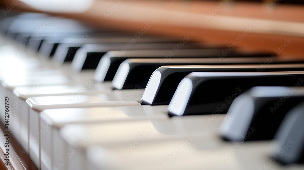 Poster A close-up view of piano keys highlighting the elegance and artistry of music with soft light reflections : Generative AI