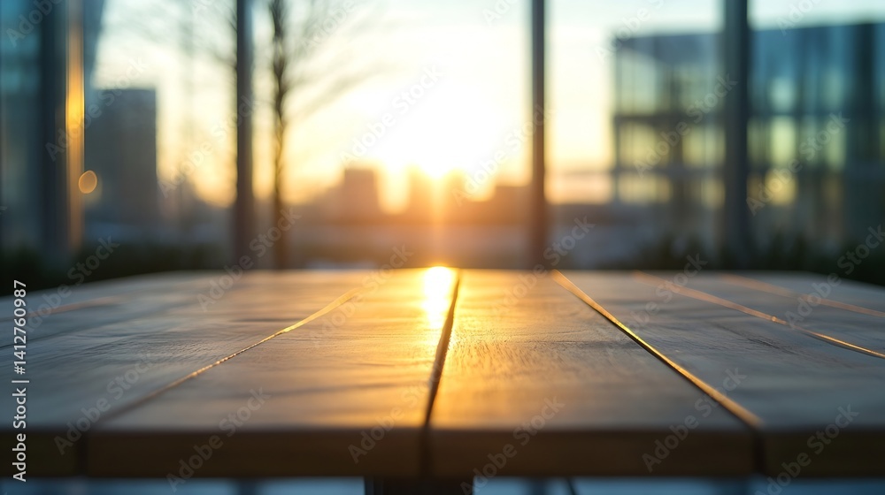 Aufkleber stunning sunrise view over a wooden table illuminated by golden rays of sunlight : generative ai