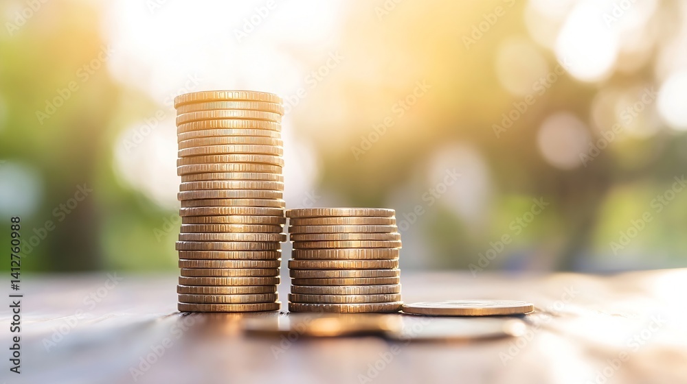 Poster piles of gold coins stacked on a wooden surface radiating sunlight in the background : generative ai