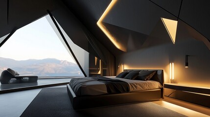 Sophisticated Bedroom Interior with Modern Design and Scenic Mountain View