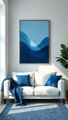 Modern blue and white living room with abstract poster and stylish sofa, design, cozy