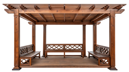 Wooden pergola with benches isolated on transparent background