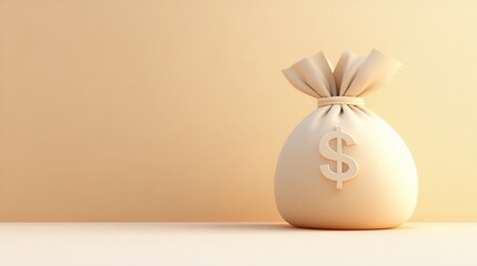 A money bag that is white, adorned with a dollar sign, and tied up with a bow, is positioned in front of a simple white background