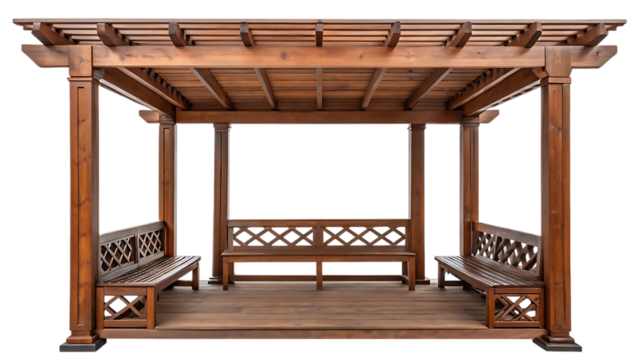 Wooden pergola with benches isolated on transparent background