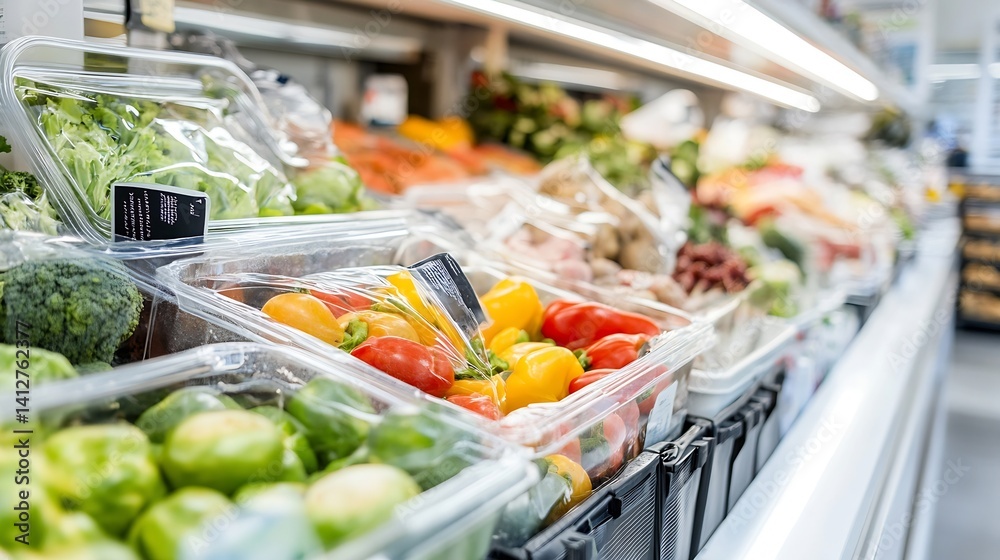 Aufkleber fresh colorful vegetables packed in clear containers in grocery store : generative ai