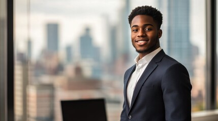 A confident young Black man in a crisp navy suit stands smiling, showcasing professionalism against an urban cityscape in the background. Ideal for business themes.