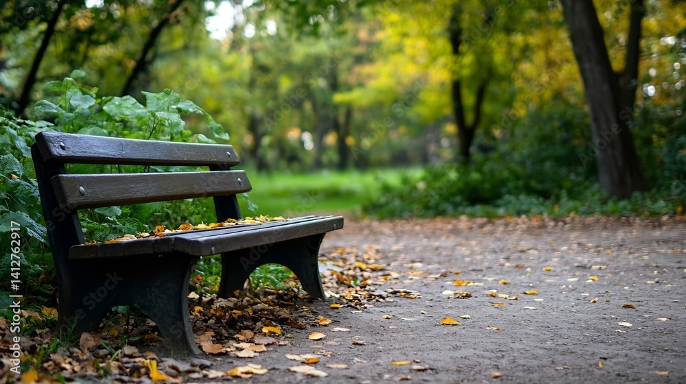 Poster tranquil park bench surrounded by fall foliage in a peaceful nature setting : generative ai