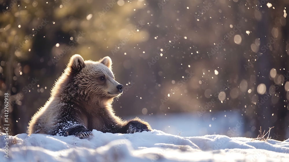 Aufkleber Grizzly Bear in Snowfall Captured in Soft Morning Light with Bokeh Background : Generative AI