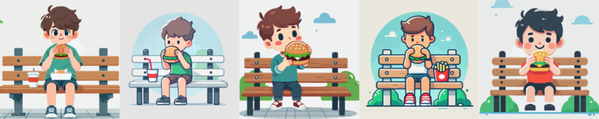 vector set of kids eating hamburger on a park bench