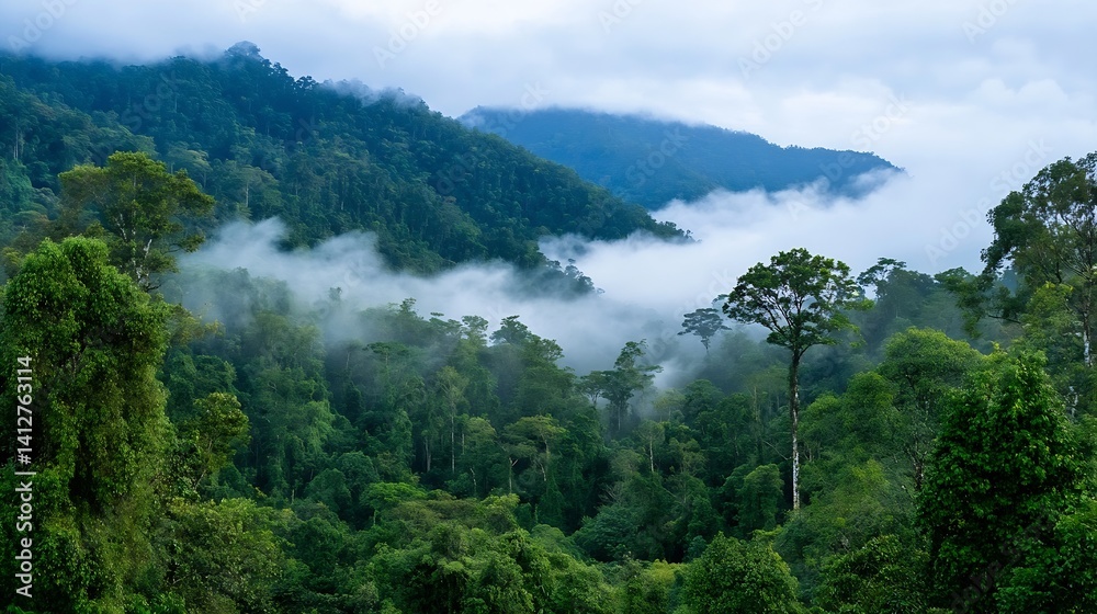 Poster Breathtaking view of lush green jungle mountains covered in mist and fog with trees and nature : Generative AI