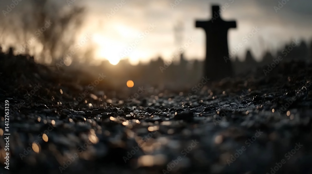 Poster mysterious graveyard scene with cross and stones underneath a dramatic evening sky : generative ai