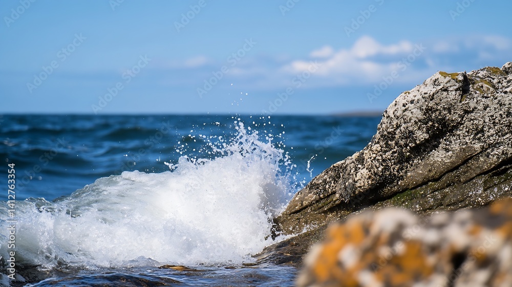 Poster waves crashing against rocks with beautiful ocean backdrop under clear sky : generative ai