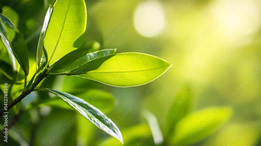 Poster close up of green leaves against a soft sunlit background in nature : generative ai