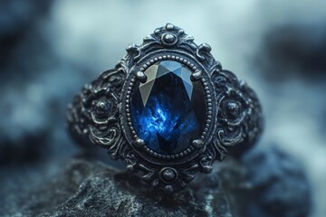 Fototapeta premium Ornate silver ring showing large faceted blue gemstone resting on dark gray rocks
