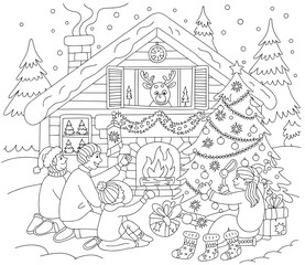 Obraz premium christmas, happy christmas, christmas coloring book, cute animal christmas coloring page, kids coloring, coloring page, coloring, cartoon, illustration, coloring book, vector, animal, drawing, sketch,