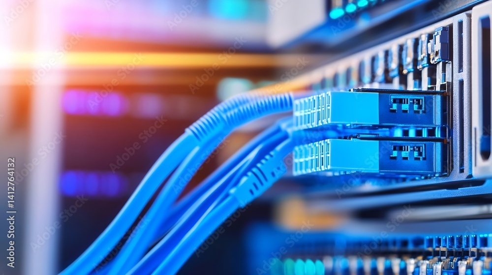 Poster close-up of fiber optic cables connected to high-speed internet network equipment in data center : g