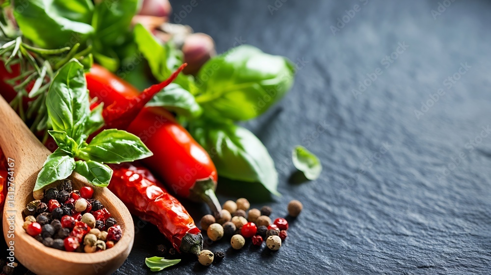 Aufkleber fresh colorful spices and herbs on black stone surface for culinary use : generative ai