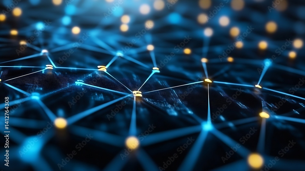 Fototapete Futuristic Abstract Network of Connected Nodes and Bright Points Representing Digital Technology : Generative AI