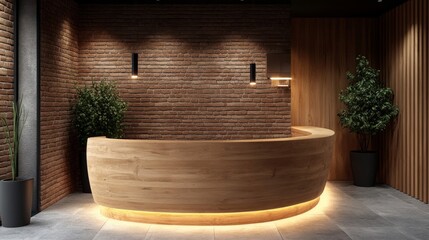 Modern Wooden Reception Desk in a Brick Wall Lobby