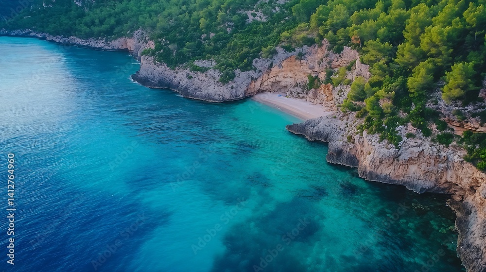 Poster aerial view of a pristine beach surrounded by greenery highlighting the beauty of nature and tranqui