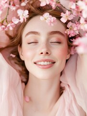 Portrait of a serene woman surrounded by delicate pink blossoms