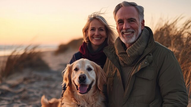 A man and woman are smiling and posing with their dog on a beach
