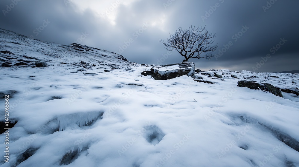 Poster Lone tree on a snowy hillside with dark clouds creating a moody atmosphere : Generative AI