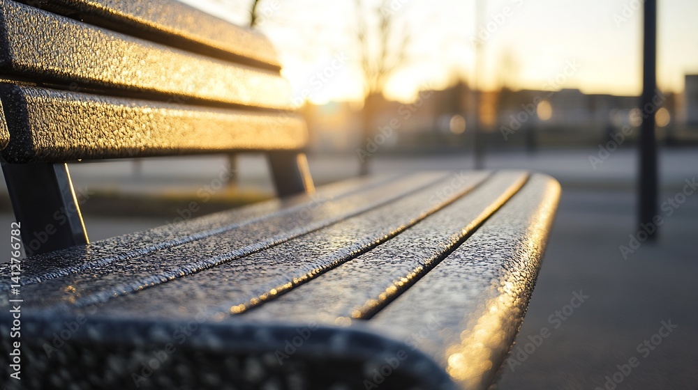 Poster close up of a wooden park bench shimmering under the soft glow of sunset : generative ai