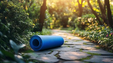 Yoga Mat on Stone Path in Nature, Serene Outdoor Wellness Retreat