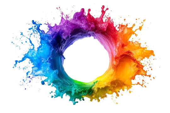 Colorful paint splashing and forming a circle on white background