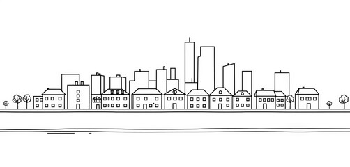 Monochrome horizontal cityscape illustration Simple contour line houses, editable strokes, white background, cityscape illustration, vector