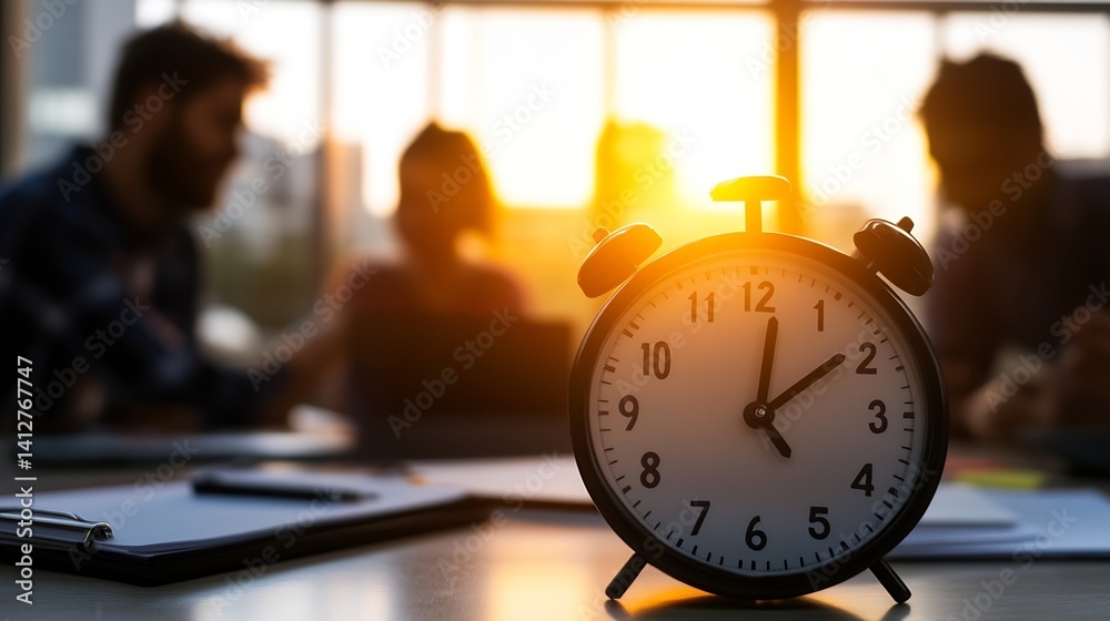 Poster vintage alarm clock on a table against a scenic sunset in a modern office space : generative ai