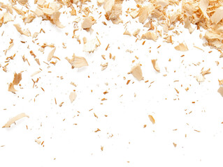 Fine sawdust particles lightly scattered across a white background, perfect for DIY and eco-friendly design