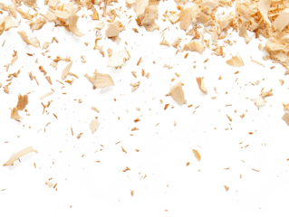 Fine sawdust particles lightly scattered across a white background, perfect for DIY and eco-friendly design