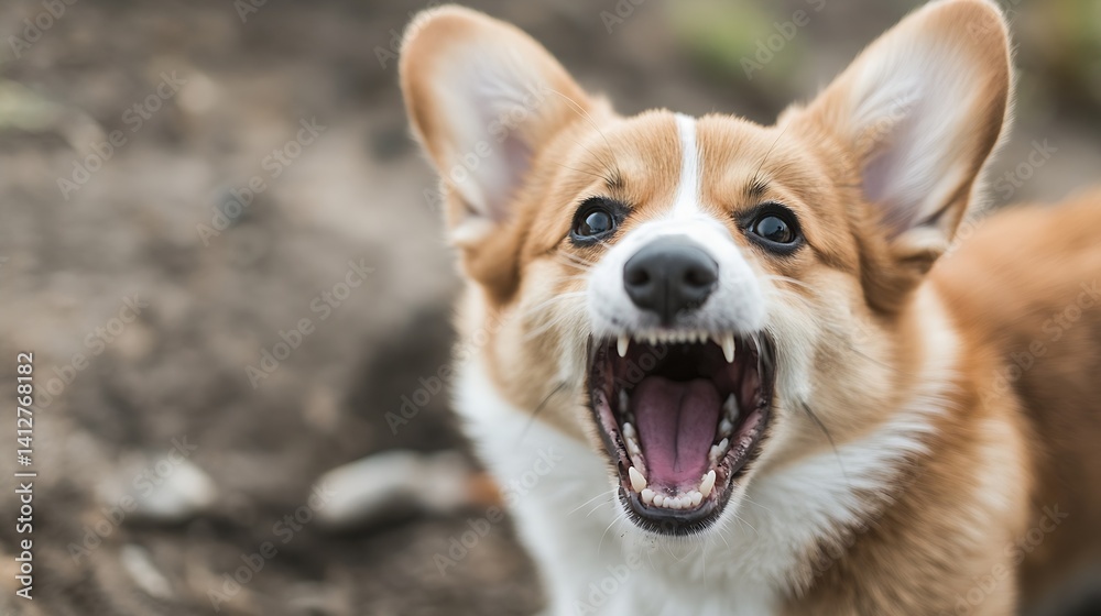 Poster Angry Corgi Dog Showing Teeth in Nature Setting with Playful Expression : Generative AI