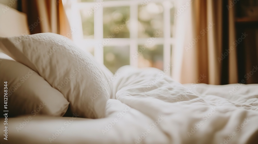 Aufkleber Cozy and inviting bedroom scene with soft bedding and natural light streaming through window : Generative AI