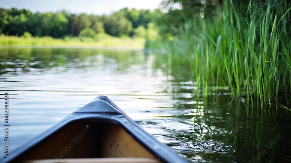 Aufkleber Peaceful Canoeing Scene Surrounded by Lush Greenery in a Calm Lake Setting : Generative AI