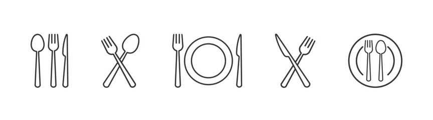 Food, plate, fork, knife, spoon, cutlery icon set. Cutlery or tableware in restaurant, kitchen. Vector illustration