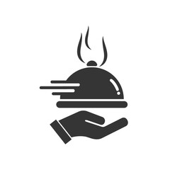 Hand holding tray icon logo sign set vector outline. Vector flat style illustration of food cloche icon. Meal tray on hand icon
