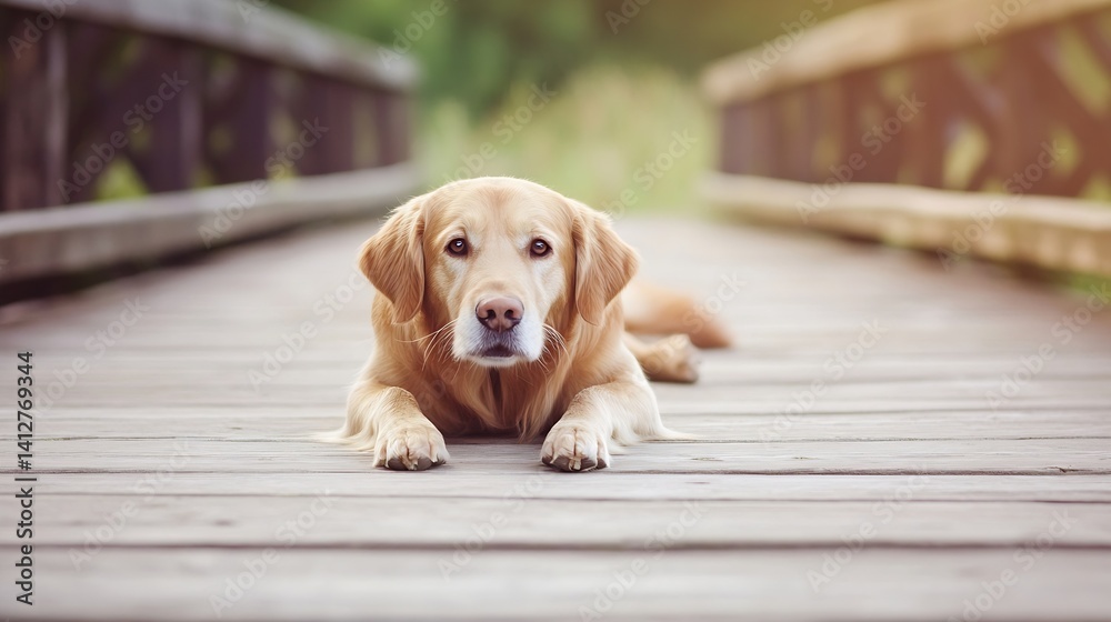 Poster Golden Retriever Lying on Wooden Dock with Relaxed Expression in a Natural Setting : Generative AI